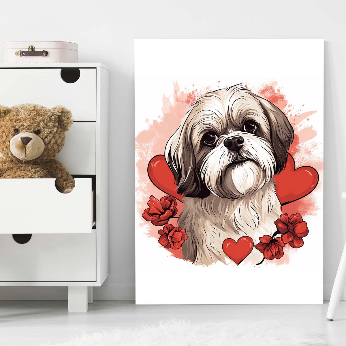 Cute Valentine Puppy Heart, Valentine Dog Canvas Print, Cute Shih Tzu Love Canvas Wall Art, Valentine's Dog Painting, Valentine's Canvas, Pet Lover, Valentines Gift
