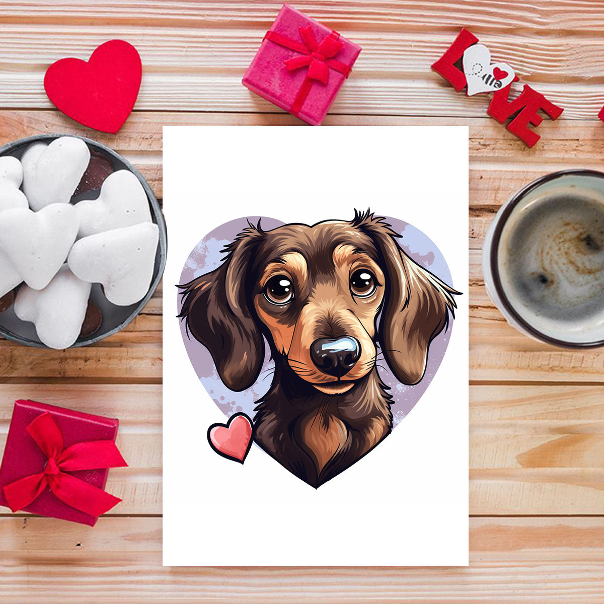 Cute Valentine Puppy Heart, Valentine Dog Canvas Print, Cute Dachshund Love Canvas Wall Art, Valentine's Dog Painting, Valentine's Canvas, Pet Lover, Valentines Gift