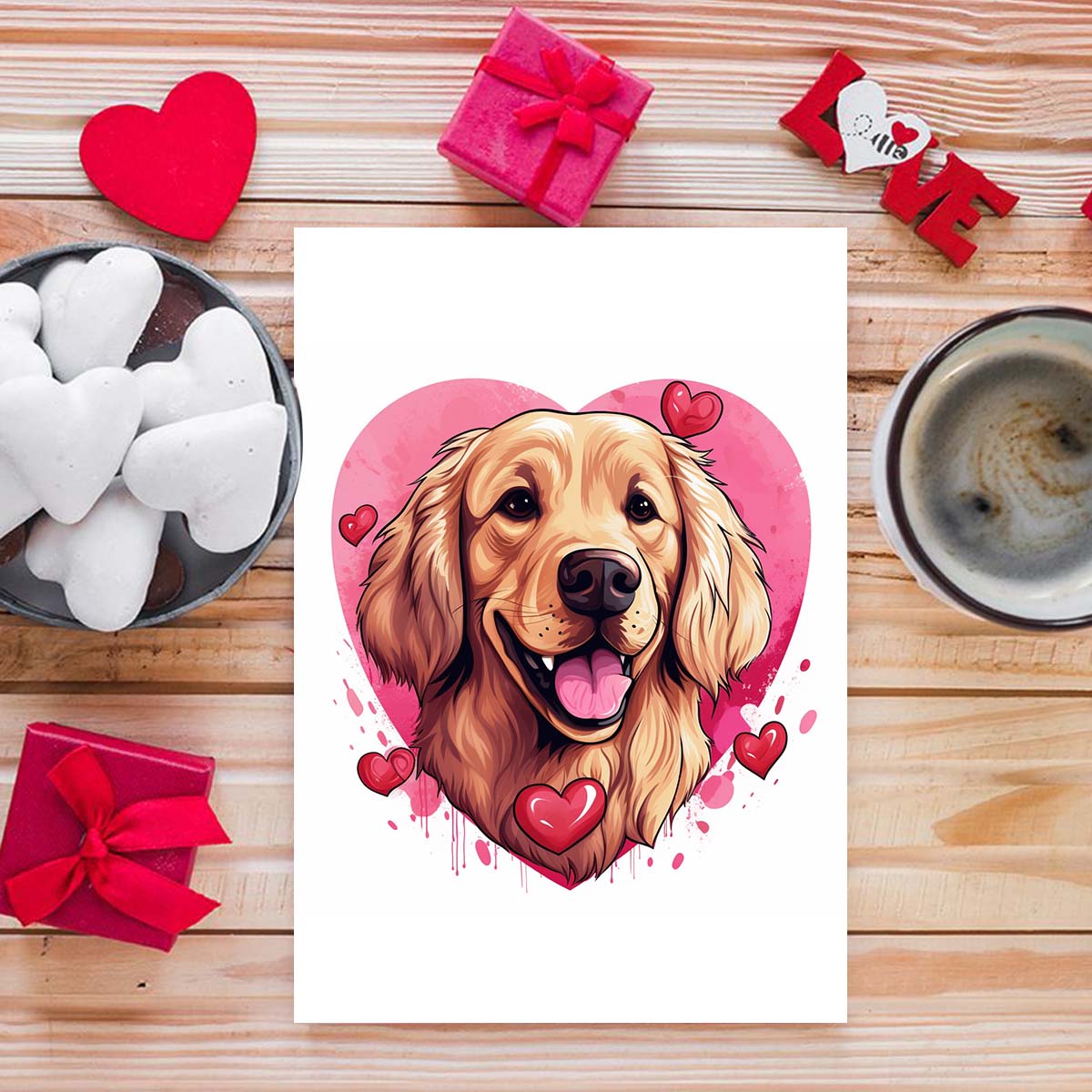 Cute Valentine Puppy Heart, Valentine Dog Canvas Print, Cute Golden Retriver Love Canvas Wall Art, Valentine's Dog Painting, Valentine's Canvas, Pet Lover, Valentines Gift