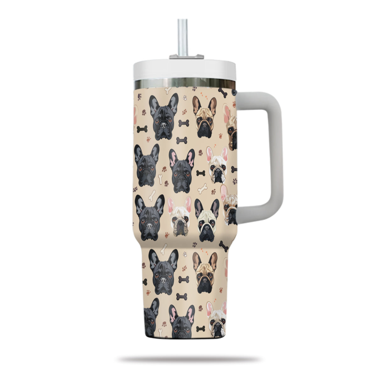 Cute French Bulldog Tumbler 40oz With Handle, French Bulldog Pattern 40oz Tumbler, Dog Paw Photo Tumbler with Straw, Dog Lover Tumbler, Stainless Steel Tumbler, Insulated Tumbler 01