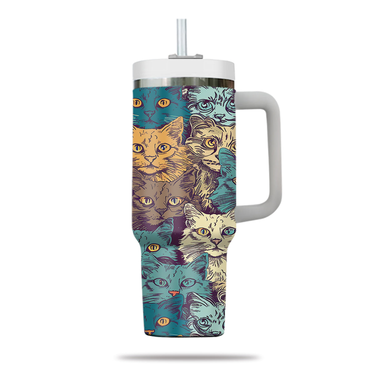 Cute Cat Tumbler 40oz With Handle, Cat Pattern 40oz Tumbler, Cat Lover Tumbler 40oz, Stainless Steel Tumbler, Insulated Tumbler 24