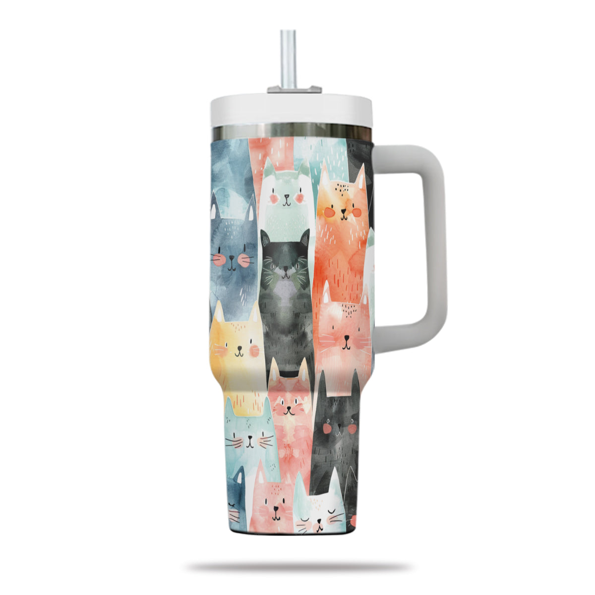 Cute Cat Tumbler 40oz With Handle, Cat Pattern 40oz Tumbler, Cat Lover Tumbler 40oz, Stainless Steel Tumbler, Insulated Tumbler 19