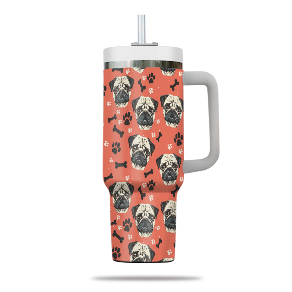 Cute Pug Tumbler 40oz With Handle, Pug Pattern 40oz Tumbler, Dog Paw Photo Tumbler with Straw, Dog Lover Tumbler, Stainless Steel Tumbler, Insulated Tumbler