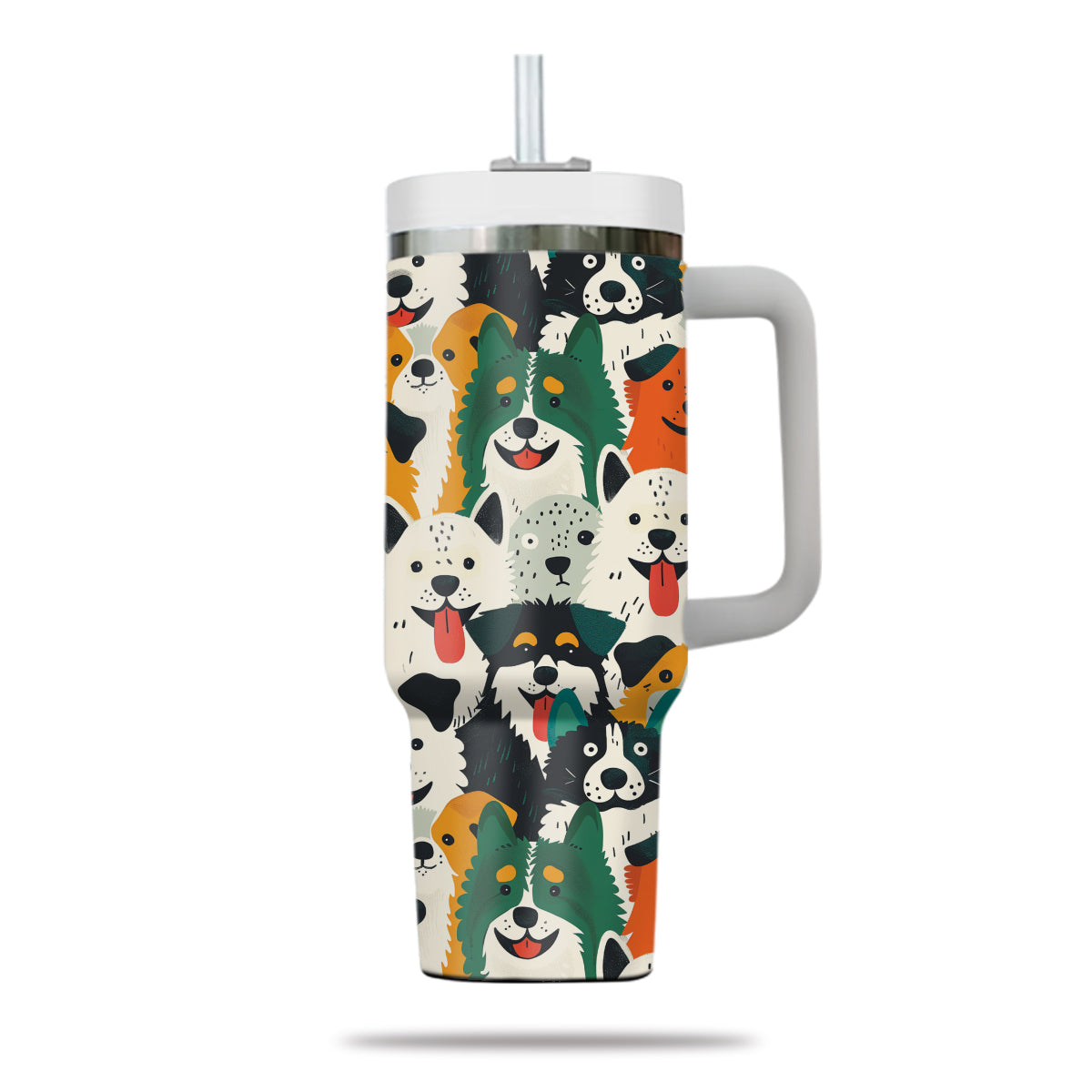 Cute Dog Tumbler 40oz With Handle, Dog Face Pattern 40oz Tumbler, Puppies Tumbler with Straw, Dog Lover Tumbler, Stainless Steel Tumbler, Insulated Tumbler 01