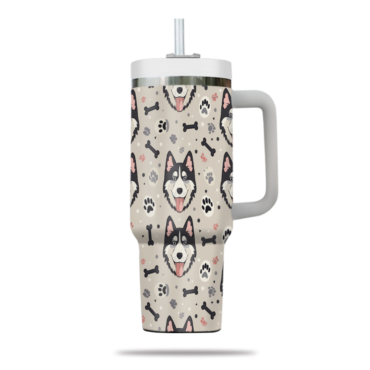 Cute Siberian Husky Tumbler 40oz With Handle, Siberian Husky Pattern 40oz Tumbler, Dog Paw Photo Tumbler with Straw, Dog Lover Tumbler, Stainless Steel Tumbler, Insulated Tumbler 02