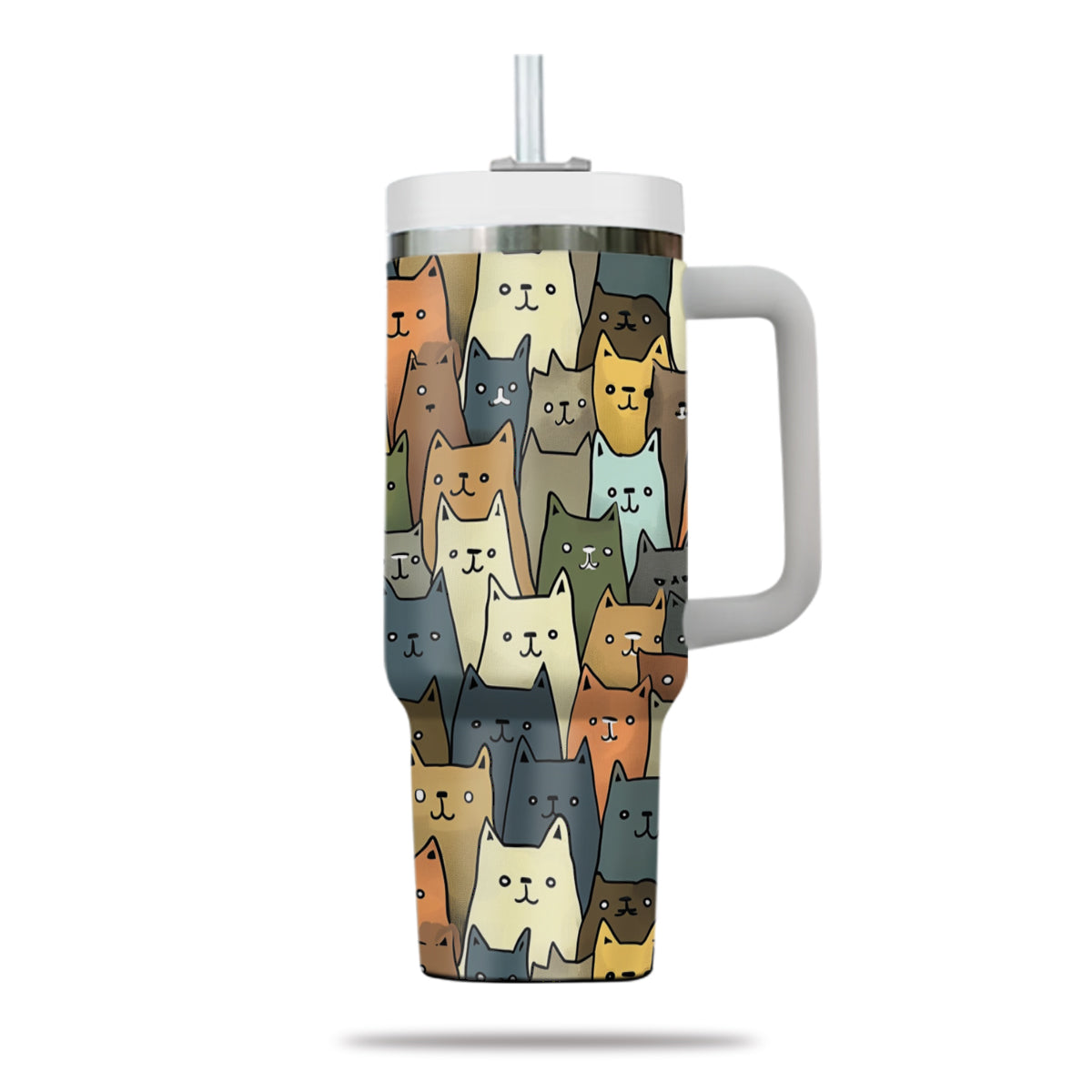 Cute Cat Tumbler 40oz With Handle, Cat Pattern 40oz Tumbler, Cat Lover Tumbler 40oz, Stainless Steel Tumbler, Insulated Tumbler 20