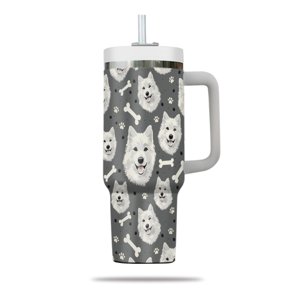 Cute Samoyed Tumbler 40oz With Handle, Samoyed Pattern 40oz Tumbler, Dog Paw Photo Tumbler with Straw, Dog Lover Tumbler, Stainless Steel Tumbler, Insulated Tumbler 02