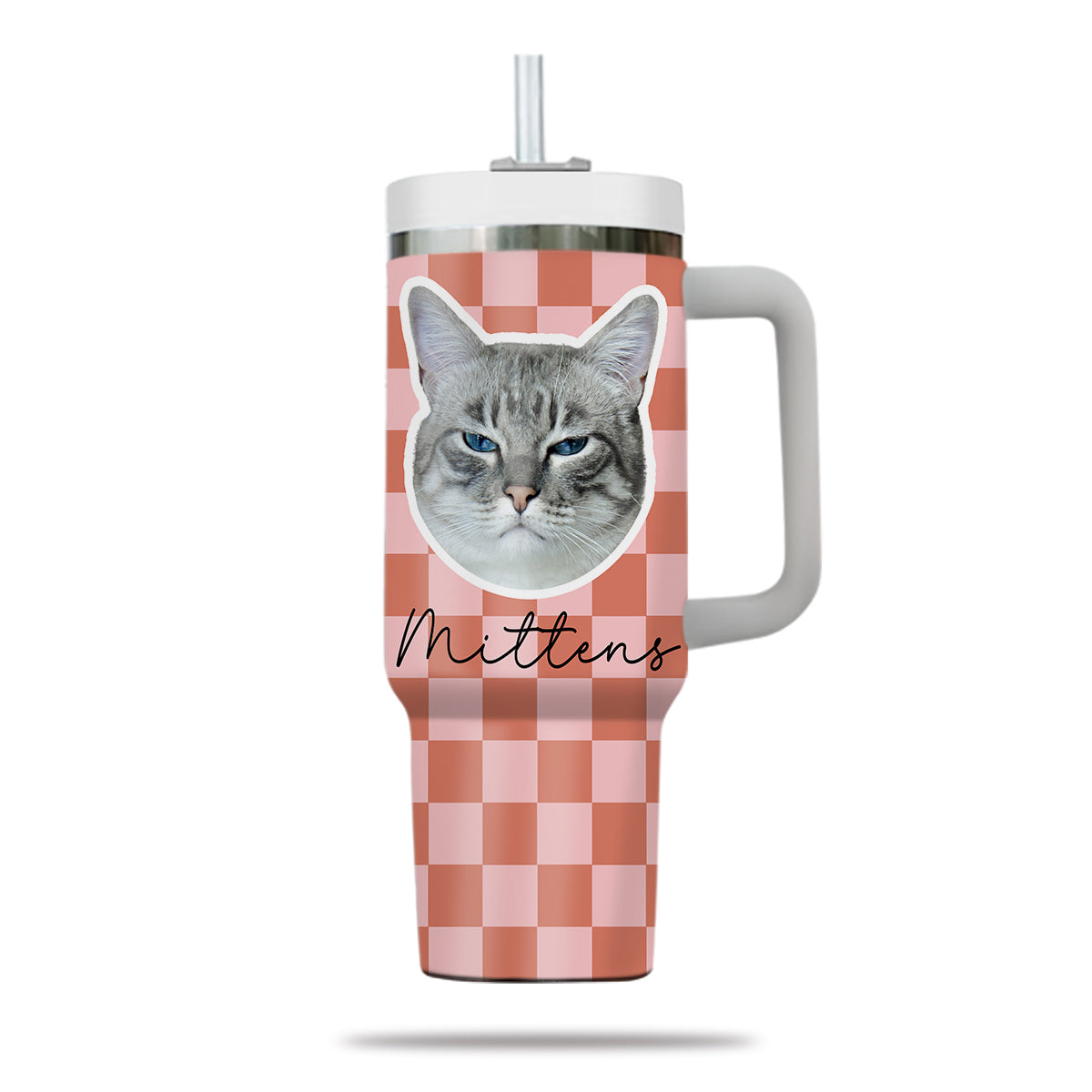 Custom Pet Portrait Tumbler With Pet Name Photo, Custom Dog Tumbler Personalized Cat Tumbler 40oz With Handle, Custom Checkered Tumbler Puppy Gift Pet Travel Mug, Stainless Steel Tumbler, Insulated Tumbler 17