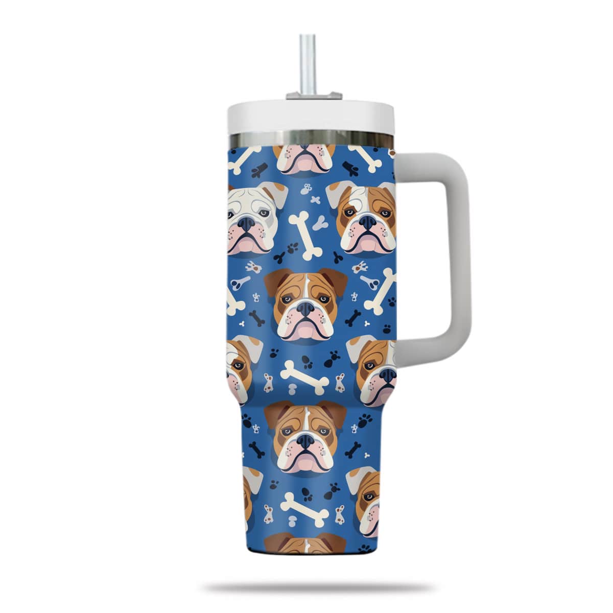 Cute Bulldog Tumbler 40oz With Handle, Bulldog Pattern 40oz Tumbler, Dog Paw Photo Tumbler with Straw, Dog Lover Tumbler, Stainless Steel Tumbler, Insulated Tumbler