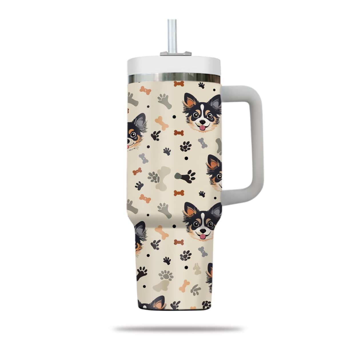 Cute Chihuahua Tumbler 40oz With Handle, Chihuahua Pattern 40oz Tumbler, Dog Paw Photo Tumbler with Straw, Dog Lover Tumbler, Stainless Steel Tumbler, Insulated Tumbler