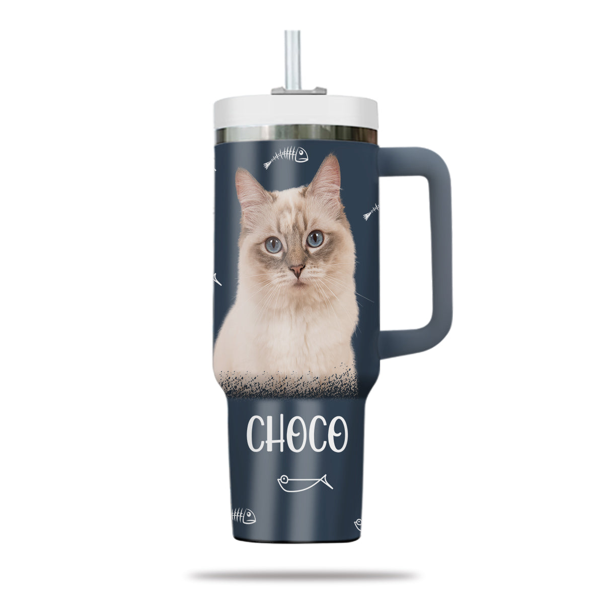 Custom Pet Photo Tumbler 40oz With Handle, Watercolor Pet Portrait From Photo Tumbler,  Personalized Cat Face Photo Tumbler with Straw, Cat Lover Tumbler, Stainless Steel Tumbler, Insulated Tumbler 16