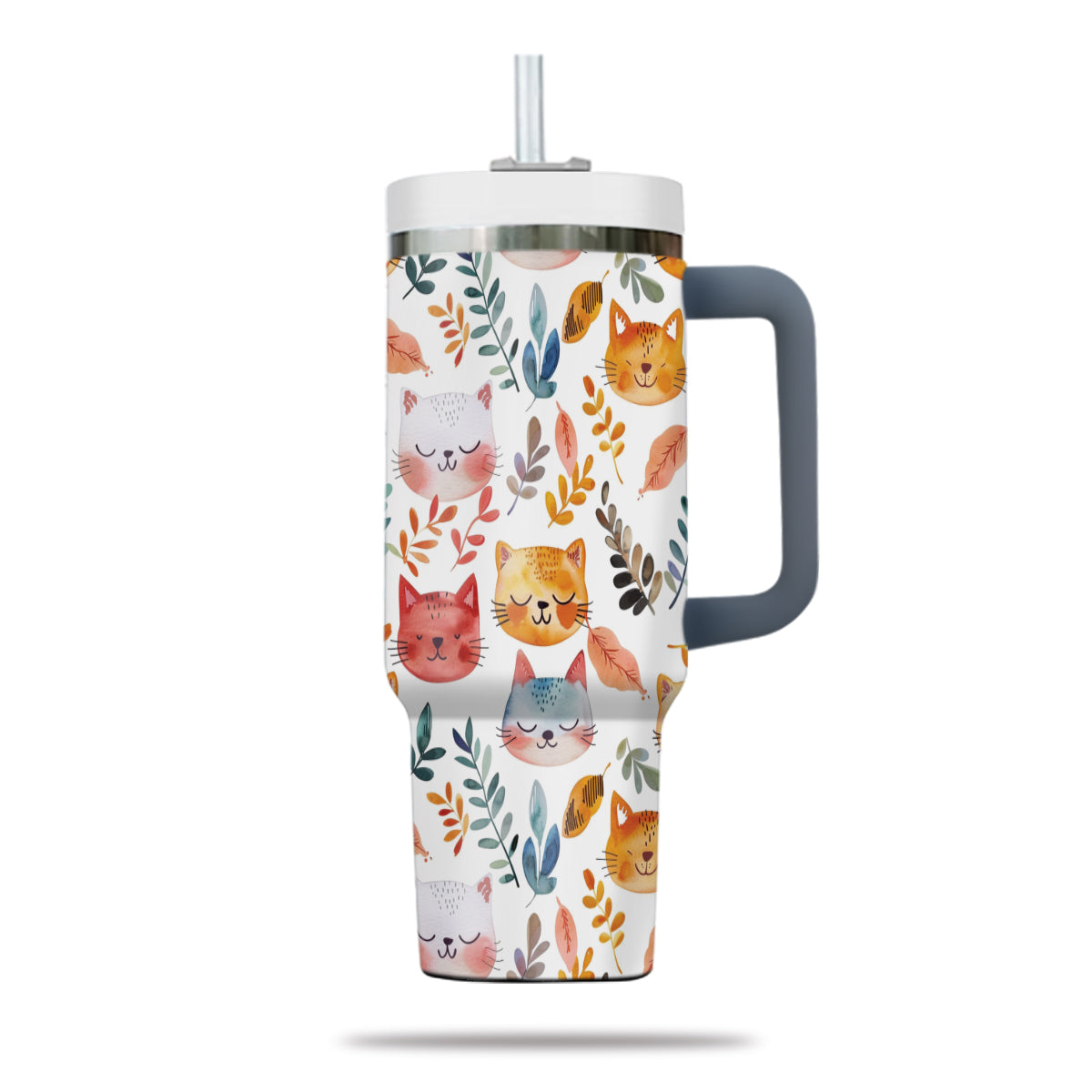 Cute Cat Tumbler 40oz With Handle, Cat Pattern 40oz Tumbler, Cat Lover Tumbler 40oz, Stainless Steel Tumbler, Insulated Tumbler 12