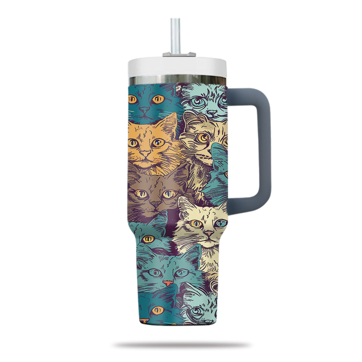 Cute Cat Tumbler 40oz With Handle, Cat Pattern 40oz Tumbler, Cat Lover Tumbler 40oz, Stainless Steel Tumbler, Insulated Tumbler 24