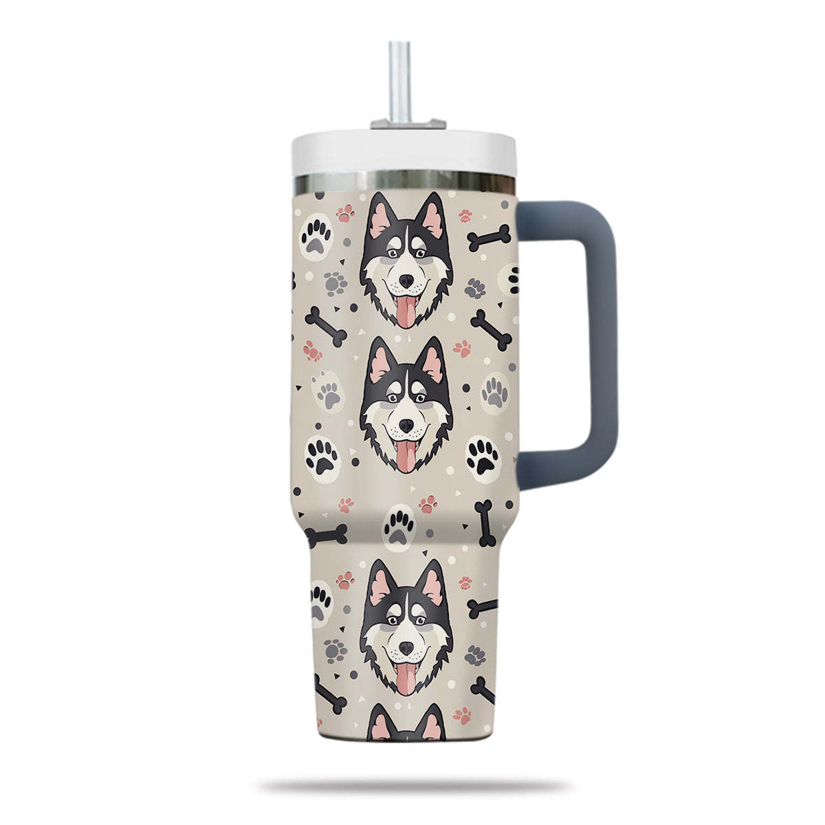 Cute Siberian Husky Tumbler 40oz With Handle, Siberian Husky Pattern 40oz Tumbler, Dog Paw Photo Tumbler with Straw, Dog Lover Tumbler, Stainless Steel Tumbler, Insulated Tumbler 02