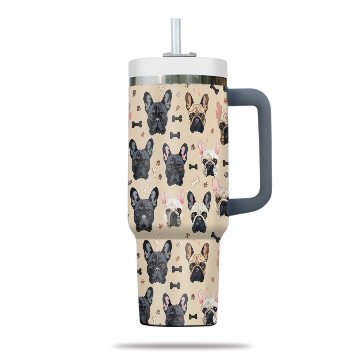 Cute French Bulldog Tumbler 40oz With Handle, French Bulldog Pattern 40oz Tumbler, Dog Paw Photo Tumbler with Straw, Dog Lover Tumbler, Stainless Steel Tumbler, Insulated Tumbler 01