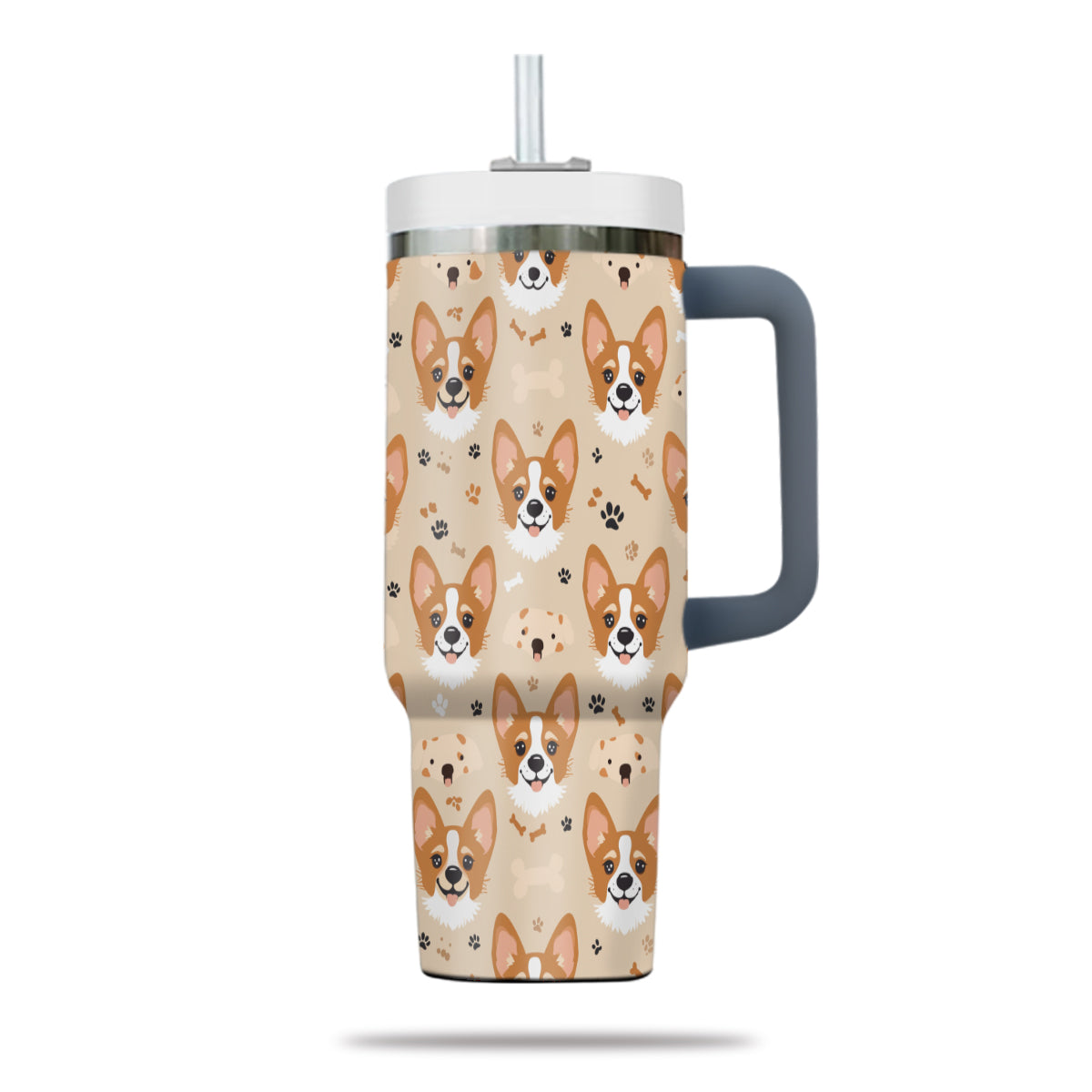 Cute Corgi Tumbler 40oz With Handle, Corgi Pattern 40oz Tumbler, Dog Paw Photo Tumbler with Straw, Dog Lover Tumbler, Stainless Steel Tumbler, Insulated Tumbler