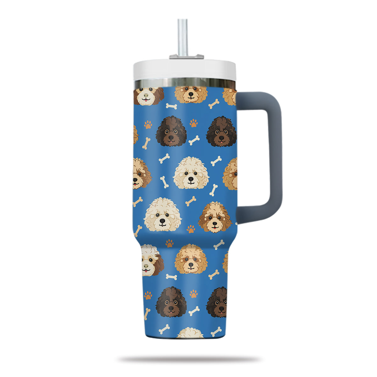 Cute Poodle Tumbler 40oz With Handle, Poodle Pattern 40oz Tumbler, Dog Paw Photo Tumbler with Straw, Dog Lover Tumbler, Stainless Steel Tumbler, Insulated Tumbler 01