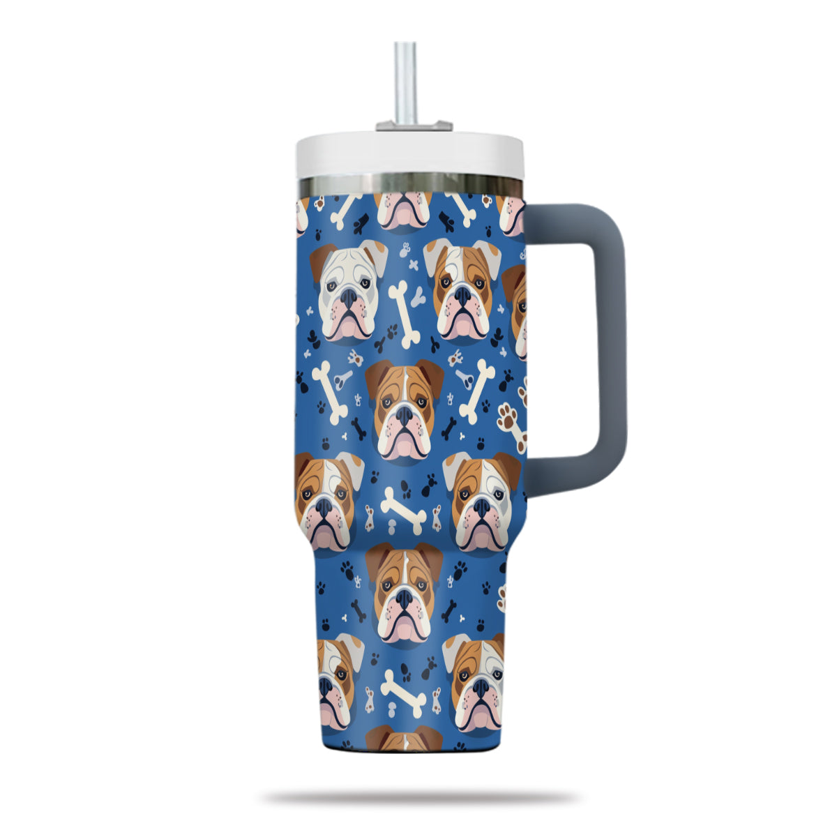 Cute Bulldog Tumbler 40oz With Handle, Bulldog Pattern 40oz Tumbler, Dog Paw Photo Tumbler with Straw, Dog Lover Tumbler, Stainless Steel Tumbler, Insulated Tumbler