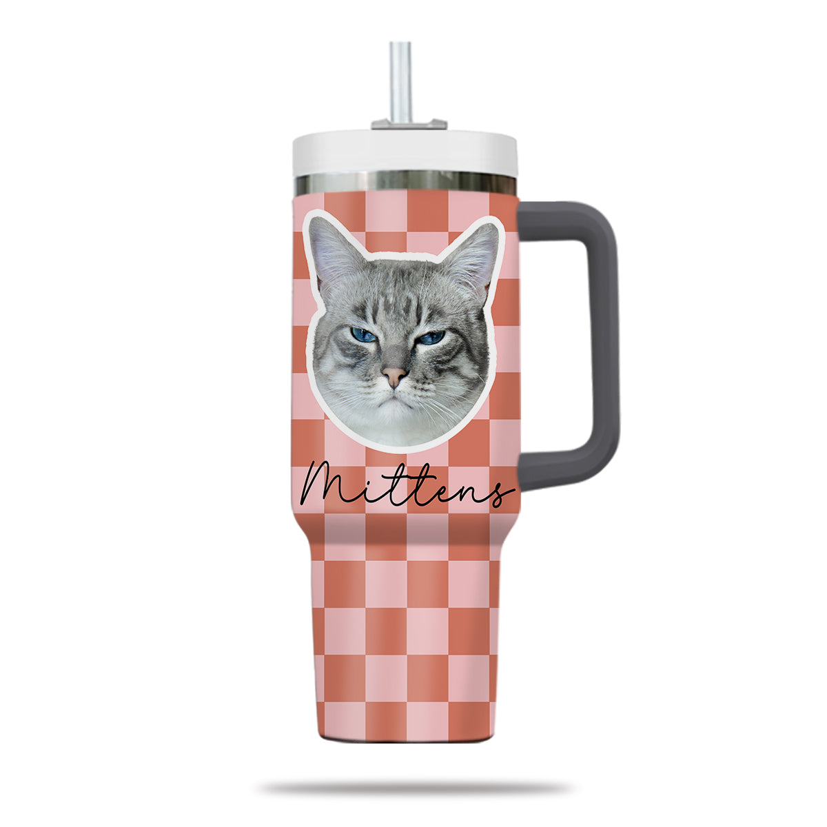 Custom Pet Portrait Tumbler With Pet Name Photo, Custom Dog Tumbler Personalized Cat Tumbler 40oz With Handle, Custom Checkered Tumbler Puppy Gift Pet Travel Mug, Stainless Steel Tumbler, Insulated Tumbler 17