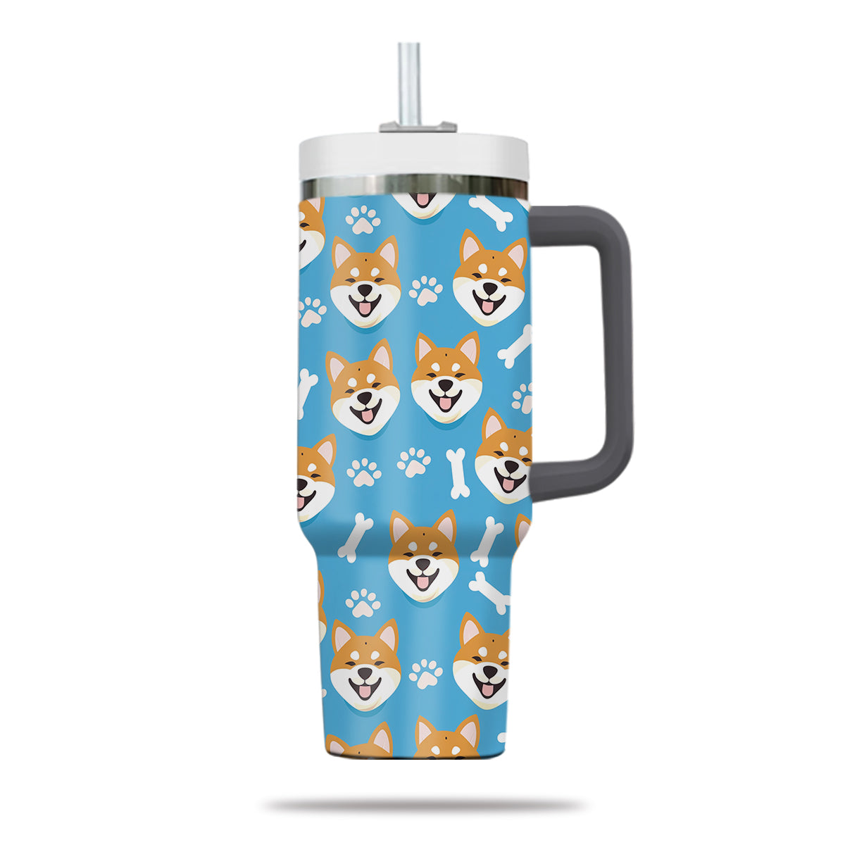 Cute Shiba Tumbler 40oz With Handle, Shiba Pattern 40oz Tumbler, Dog Paw Photo Tumbler with Straw, Dog Lover Tumbler, Stainless Steel Tumbler, Insulated Tumbler 01