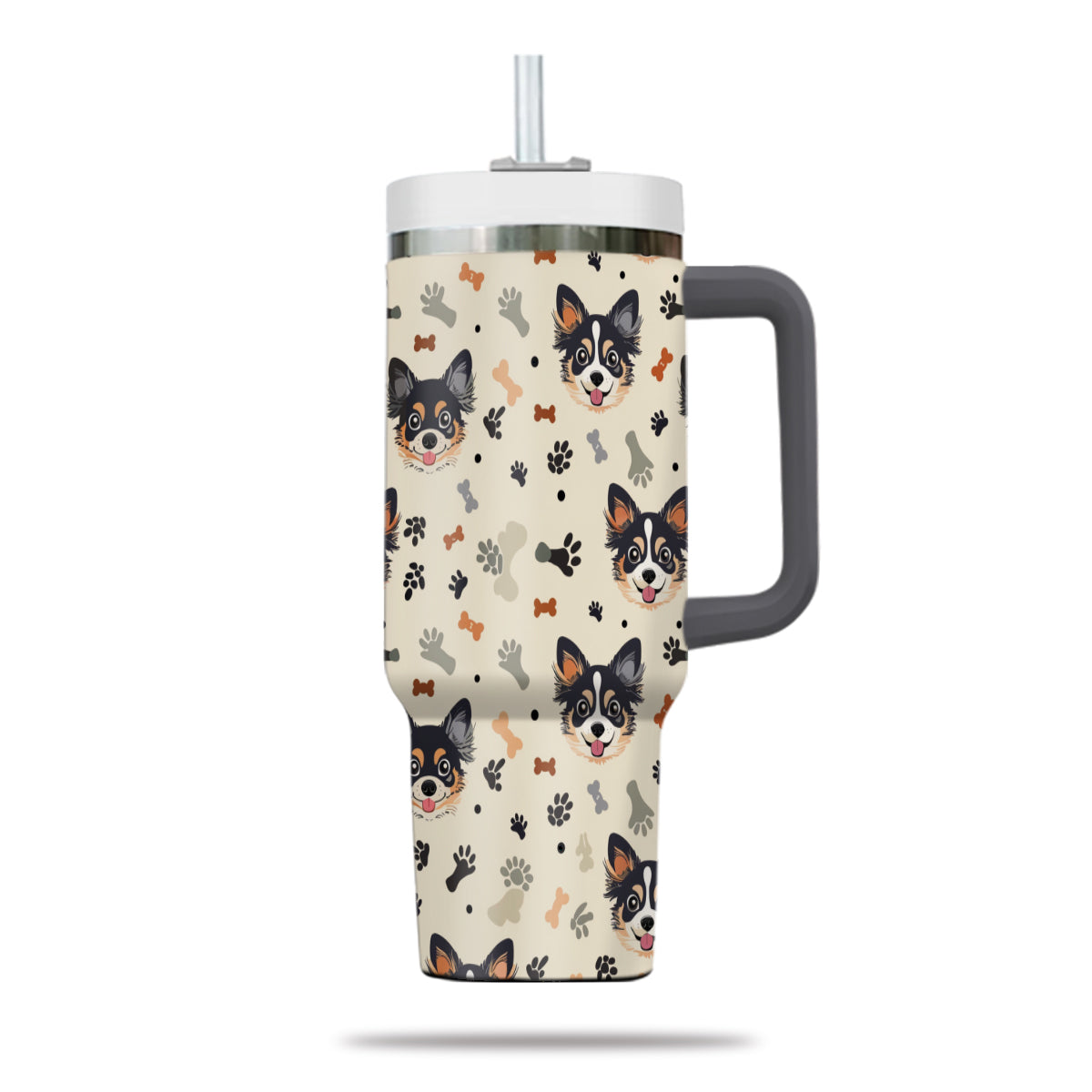 Cute Chihuahua Tumbler 40oz With Handle, Chihuahua Pattern 40oz Tumbler, Dog Paw Photo Tumbler with Straw, Dog Lover Tumbler, Stainless Steel Tumbler, Insulated Tumbler