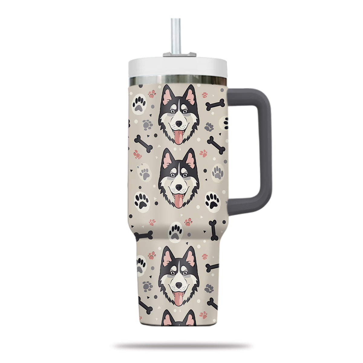 Cute Siberian Husky Tumbler 40oz With Handle, Siberian Husky Pattern 40oz Tumbler, Dog Paw Photo Tumbler with Straw, Dog Lover Tumbler, Stainless Steel Tumbler, Insulated Tumbler 02