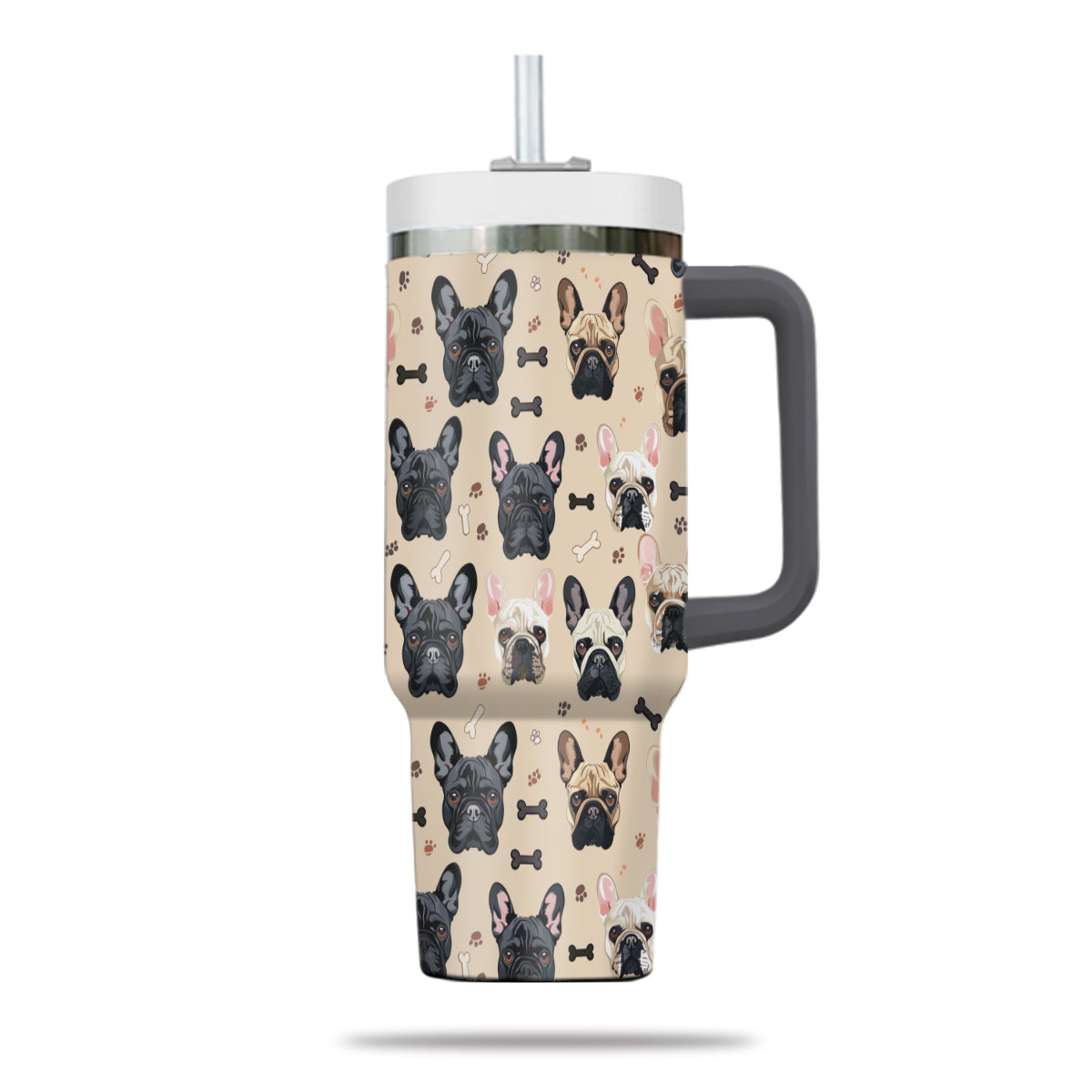 Cute French Bulldog Tumbler 40oz With Handle, French Bulldog Pattern 40oz Tumbler, Dog Paw Photo Tumbler with Straw, Dog Lover Tumbler, Stainless Steel Tumbler, Insulated Tumbler 01