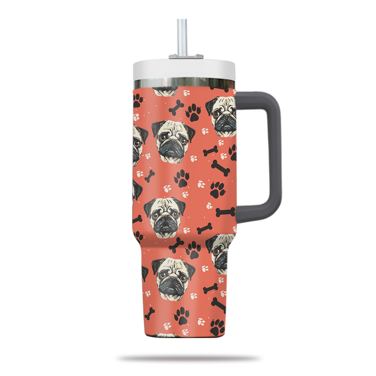 Cute Pug Tumbler 40oz With Handle, Pug Pattern 40oz Tumbler, Dog Paw Photo Tumbler with Straw, Dog Lover Tumbler, Stainless Steel Tumbler, Insulated Tumbler