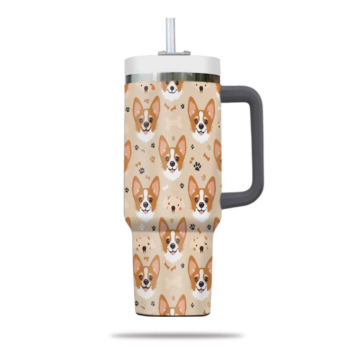 Cute Corgi Tumbler 40oz With Handle, Corgi Pattern 40oz Tumbler, Dog Paw Photo Tumbler with Straw, Dog Lover Tumbler, Stainless Steel Tumbler, Insulated Tumbler