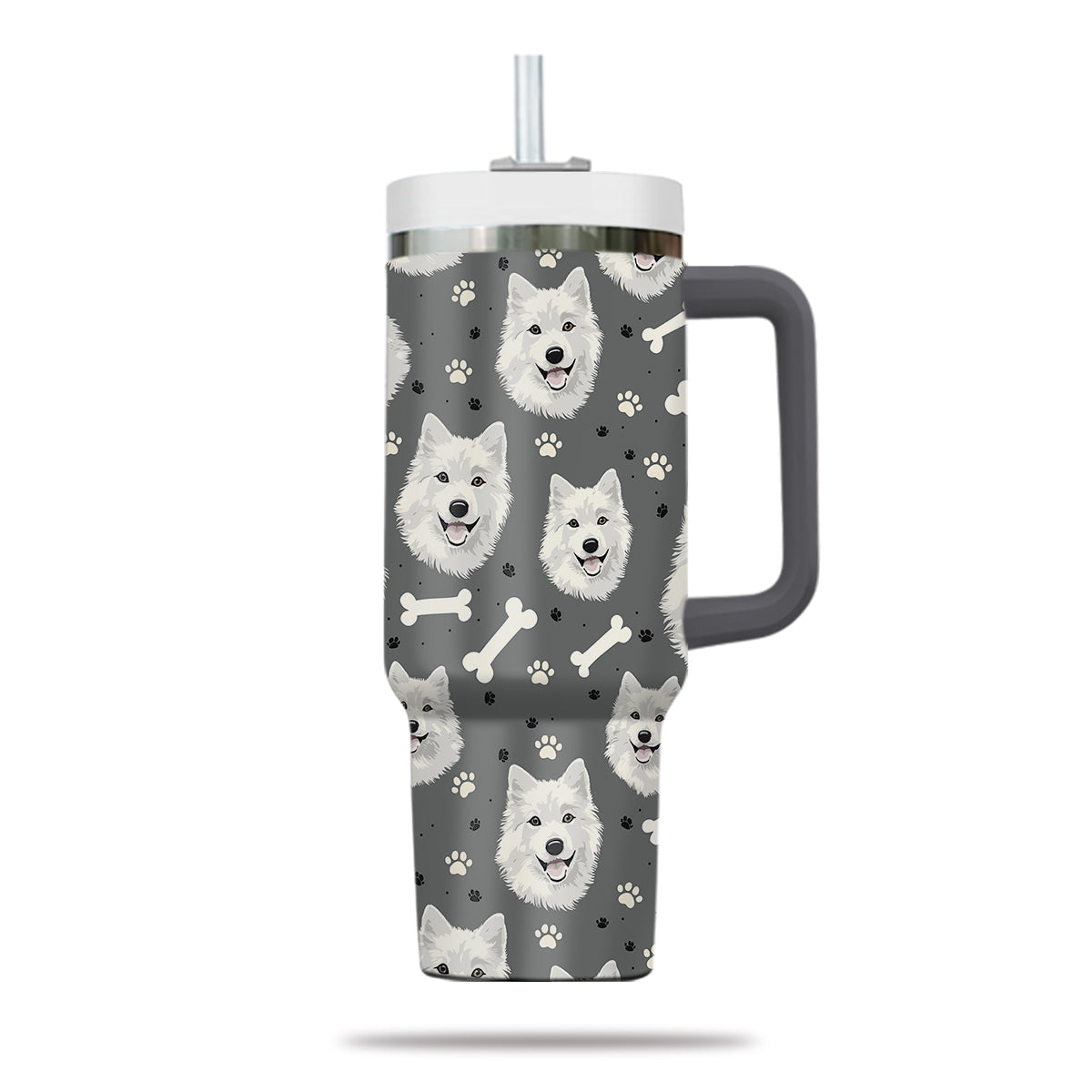 Cute Samoyed Tumbler 40oz With Handle, Samoyed Pattern 40oz Tumbler, Dog Paw Photo Tumbler with Straw, Dog Lover Tumbler, Stainless Steel Tumbler, Insulated Tumbler 02