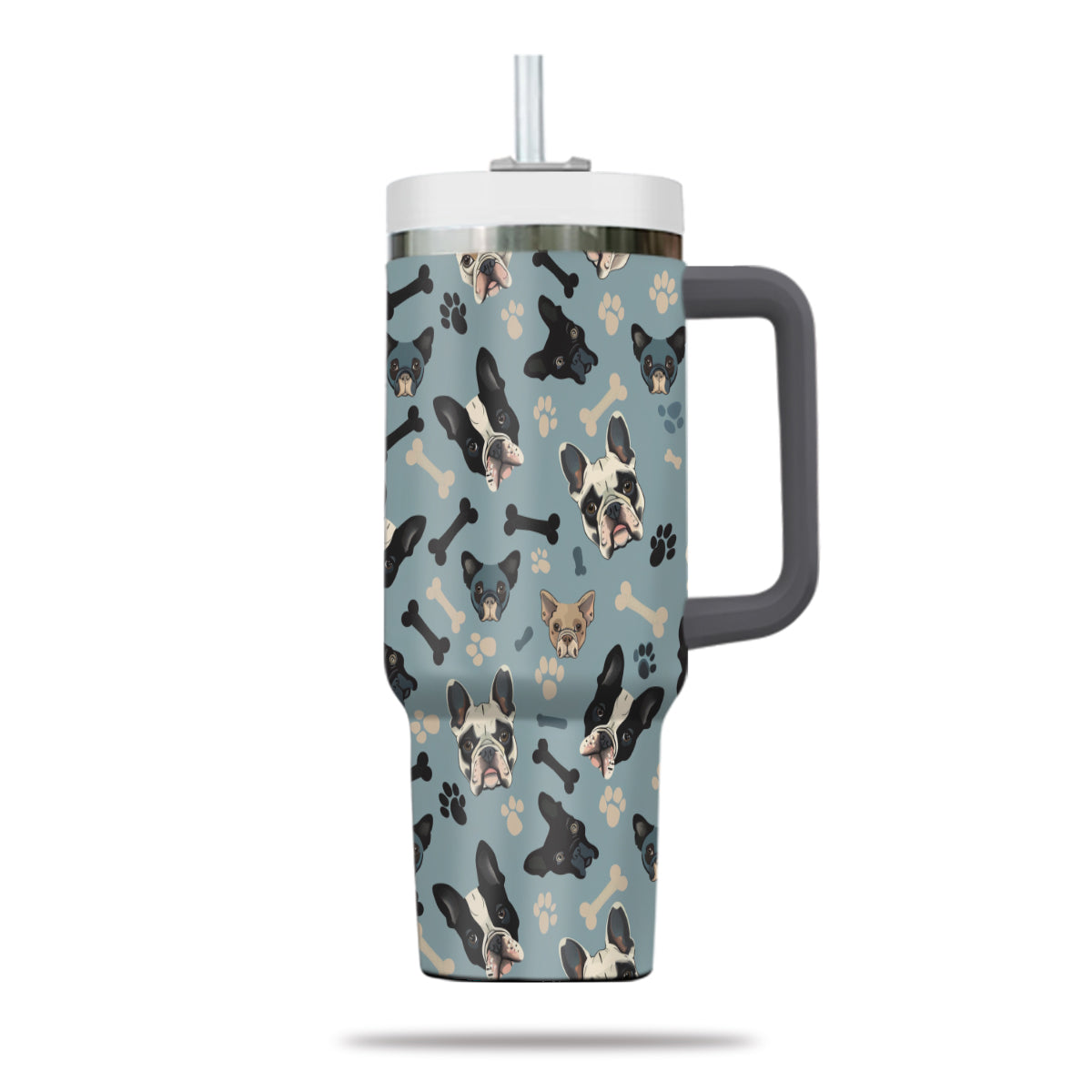 Cute French Bulldog Tumbler 40oz With Handle, French Bulldog Pattern 40oz Tumbler, Dog Paw Photo Tumbler with Straw, Dog Lover Tumbler, Stainless Steel Tumbler, Insulated Tumbler 02