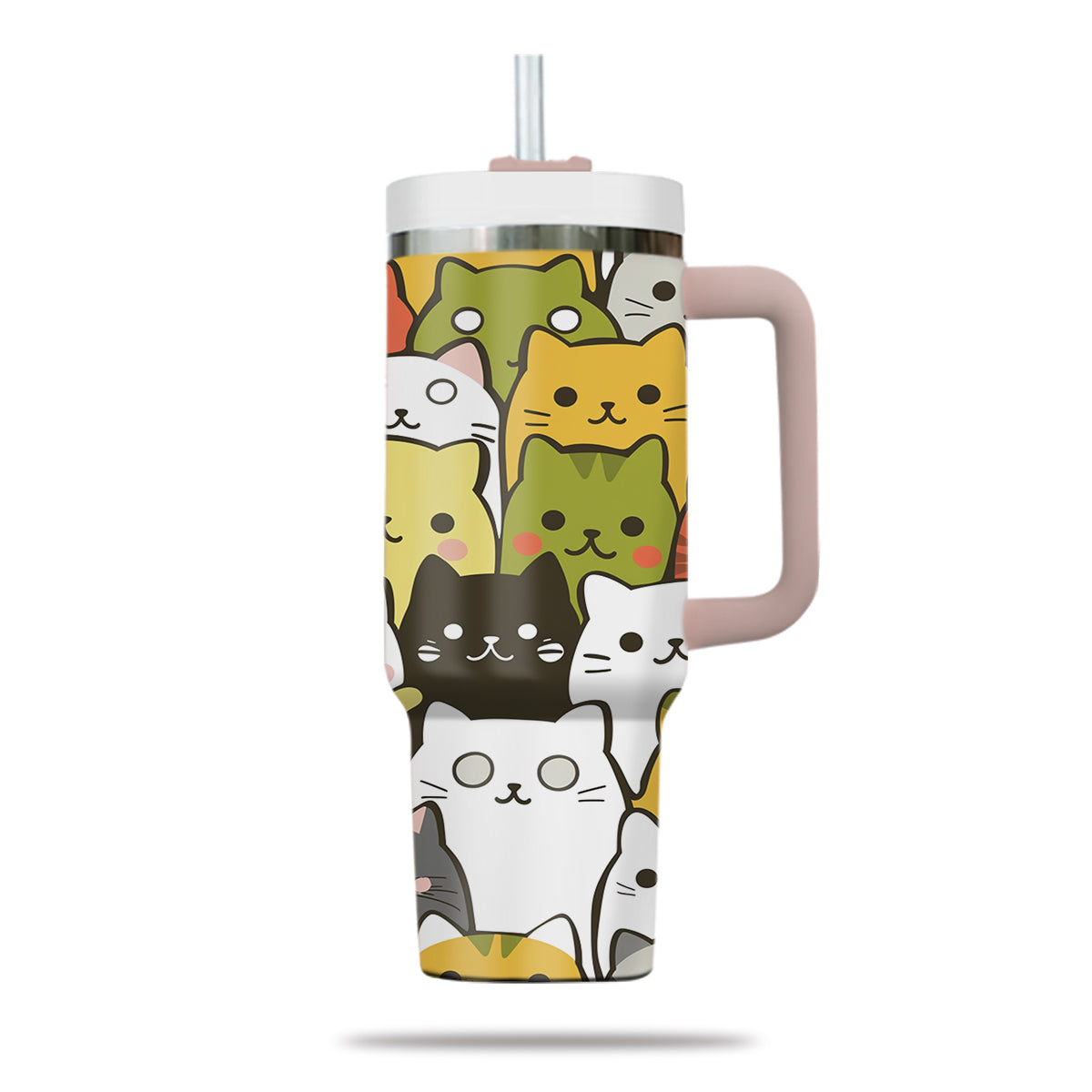 Cute Cat Tumbler 40oz With Handle, Cat Pattern 40oz Tumbler, Cat Lover Tumbler 40oz, Stainless Steel Tumbler, Insulated Tumbler 25