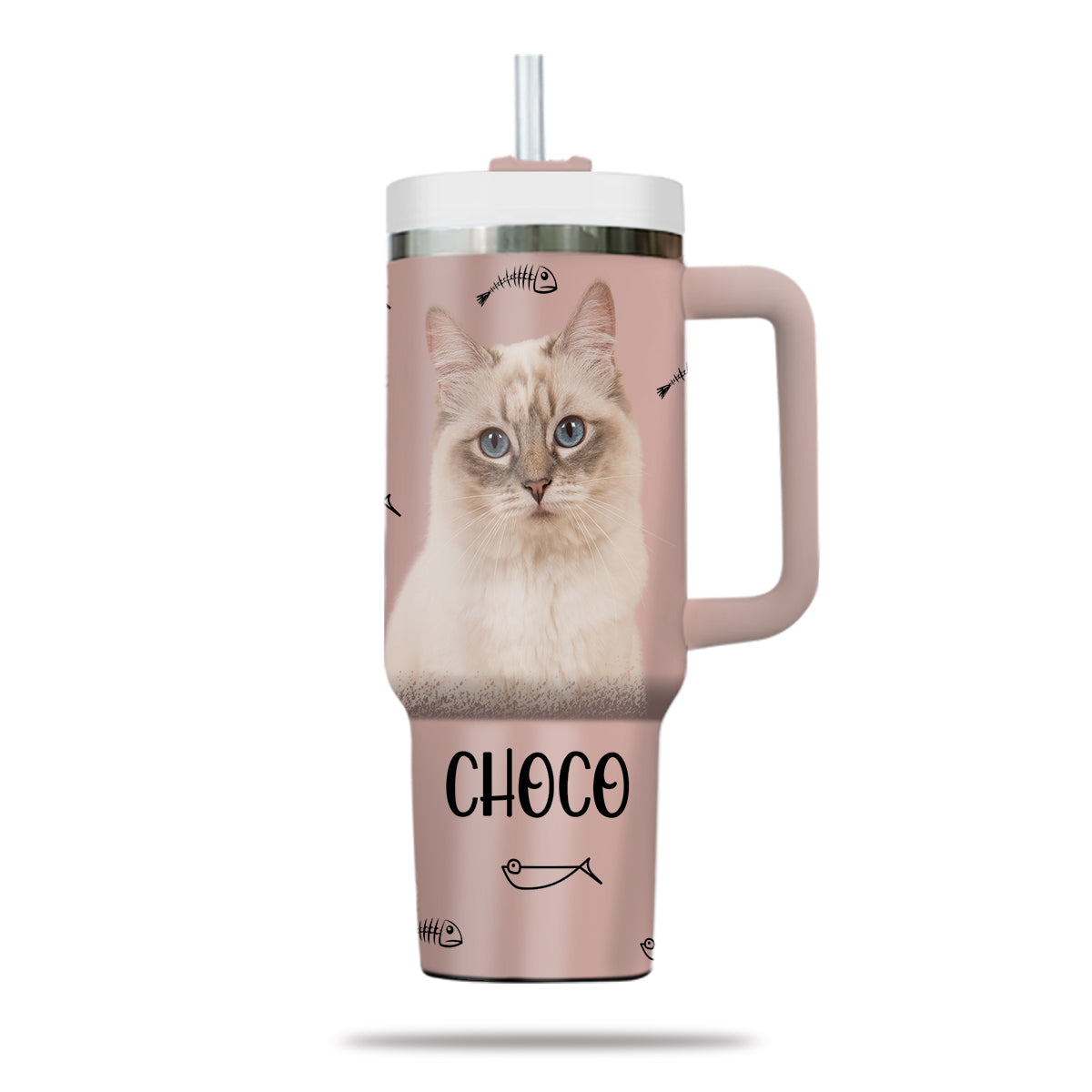 Custom Pet Photo Tumbler 40oz With Handle, Watercolor Pet Portrait From Photo Tumbler,  Personalized Cat Face Photo Tumbler with Straw, Cat Lover Tumbler, Stainless Steel Tumbler, Insulated Tumbler 16