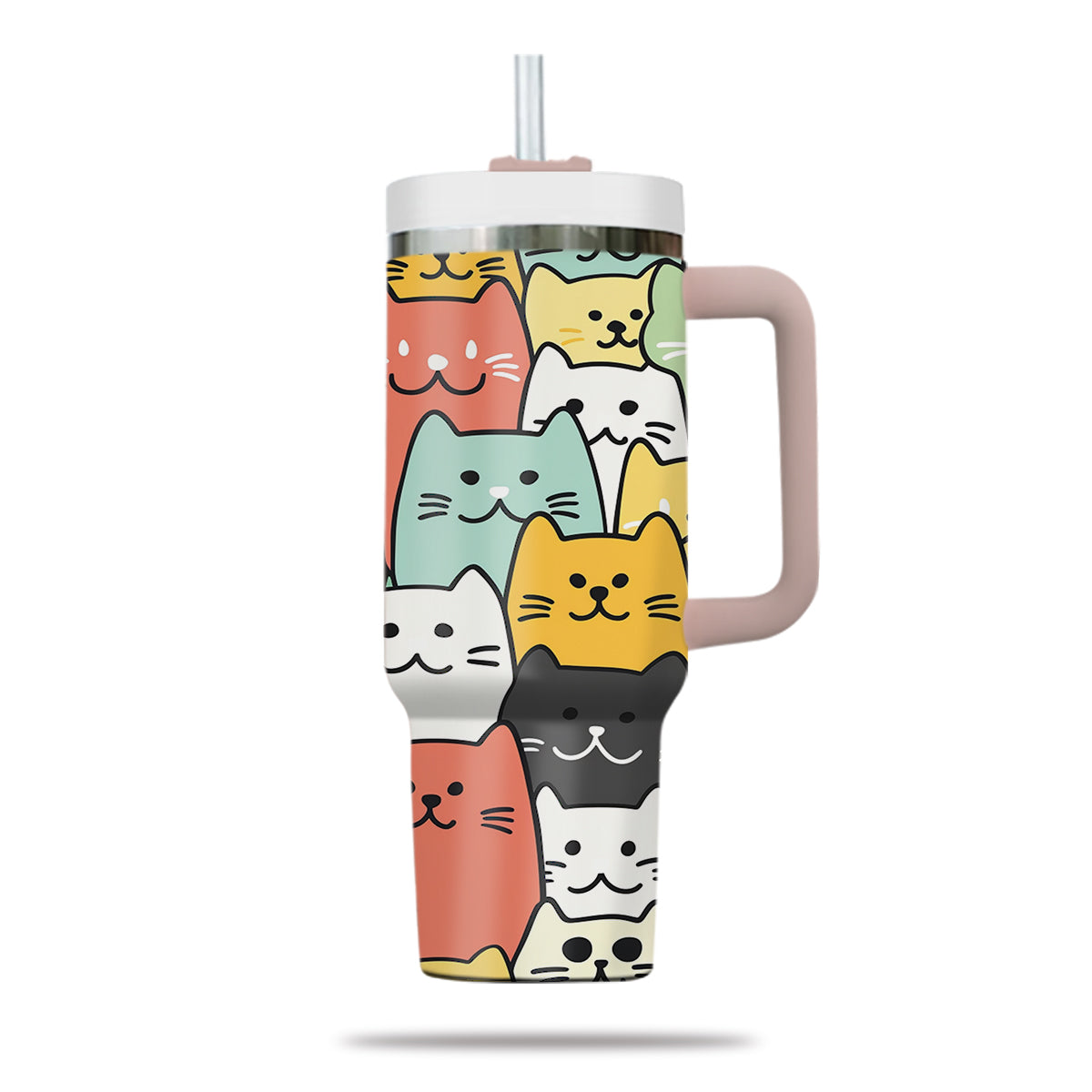 Cute Cat Tumbler 40oz With Handle, Cat Pattern 40oz Tumbler, Cat Lover Tumbler 40oz, Stainless Steel Tumbler, Insulated Tumbler 26