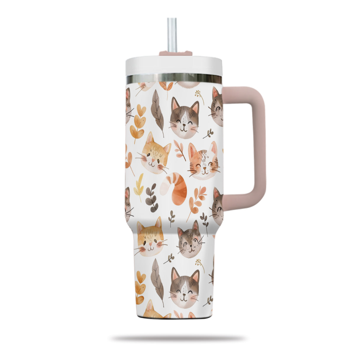 Cute Cat Tumbler 40oz With Handle, Cat Pattern 40oz Tumbler, Cat Lover Tumbler 40oz, Stainless Steel Tumbler, Insulated Tumbler 15