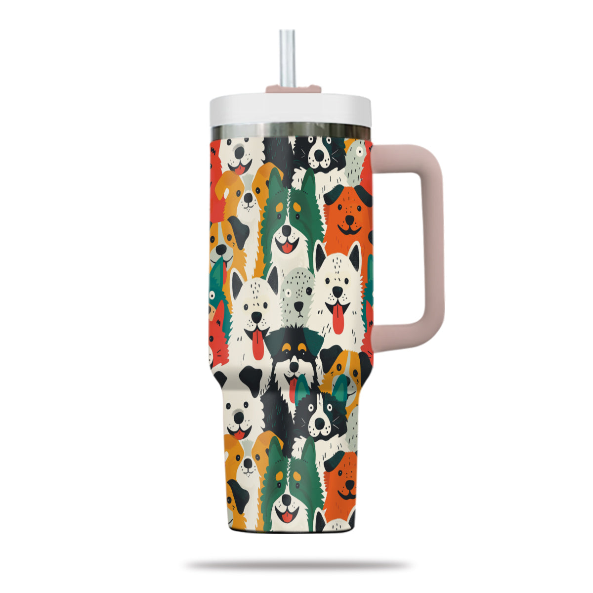 Cute Dog Tumbler 40oz With Handle, Dog Face Pattern 40oz Tumbler, Puppies Tumbler with Straw, Dog Lover Tumbler, Stainless Steel Tumbler, Insulated Tumbler 01