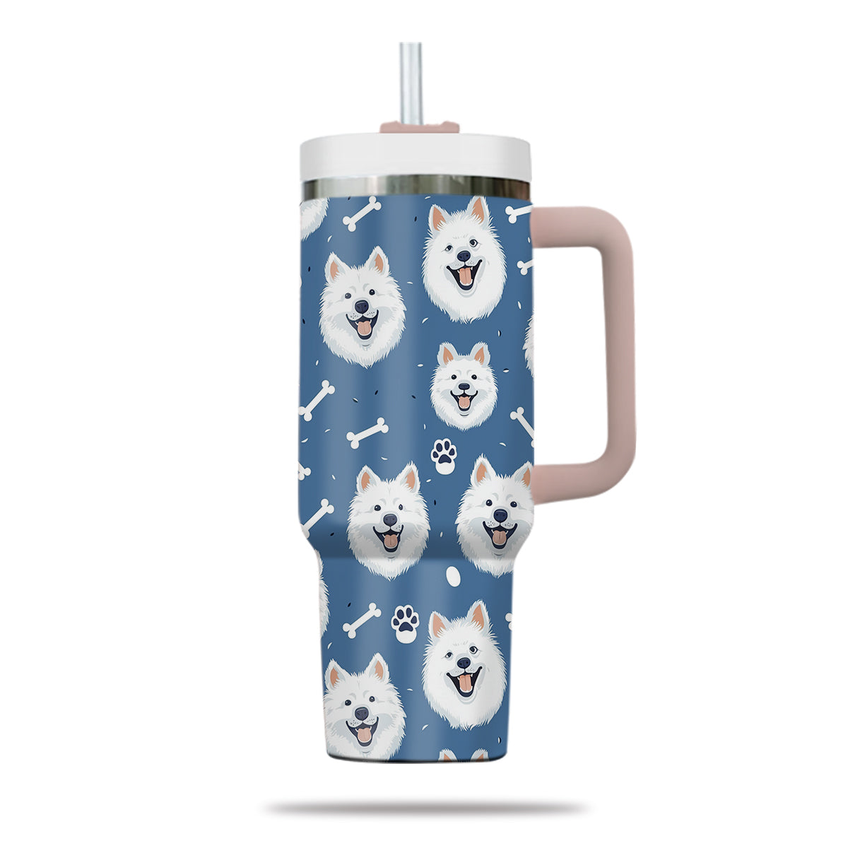 Cute Samoyed Tumbler 40oz With Handle, Samoyed Pattern 40oz Tumbler, Dog Paw Photo Tumbler with Straw, Dog Lover Tumbler, Stainless Steel Tumbler, Insulated Tumbler 01