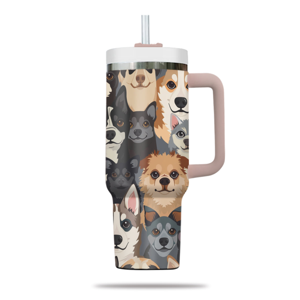 Cute Dog Tumbler 40oz With Handle, Dog Face Pattern 40oz Tumbler, Puppies Tumbler with Straw, Dog Lover Tumbler, Stainless Steel Tumbler, Insulated Tumbler 05