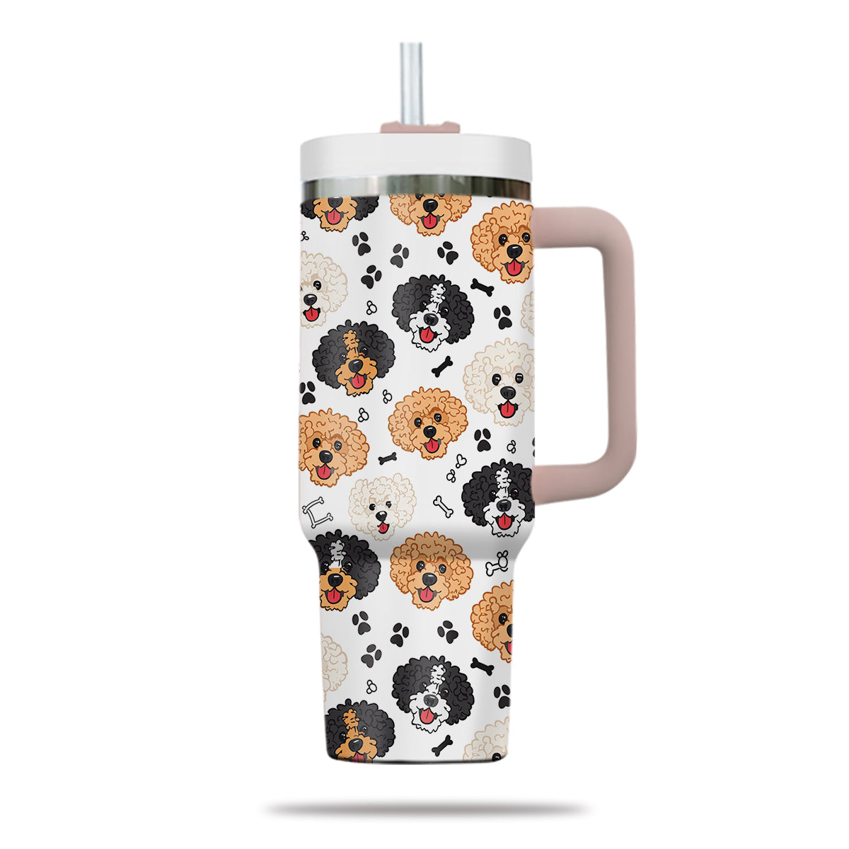 Cute Poodle Tumbler 40oz With Handle, Poodle Pattern 40oz Tumbler, Dog Paw Photo Tumbler with Straw, Dog Lover Tumbler, Stainless Steel Tumbler, Insulated Tumbler 02