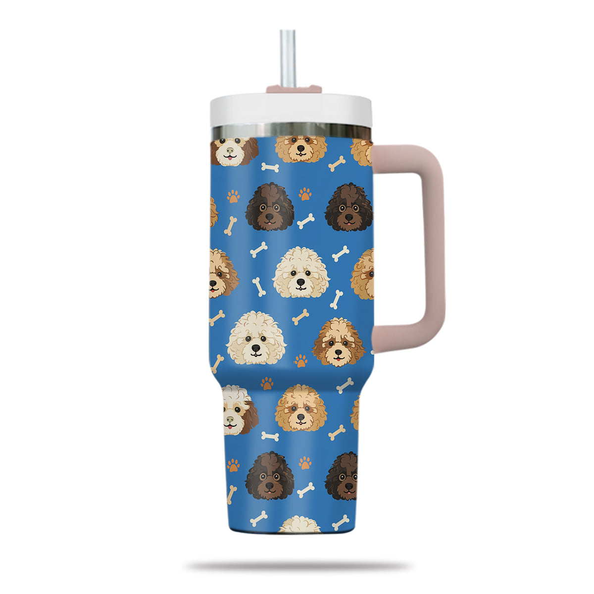 Cute Poodle Tumbler 40oz With Handle, Poodle Pattern 40oz Tumbler, Dog Paw Photo Tumbler with Straw, Dog Lover Tumbler, Stainless Steel Tumbler, Insulated Tumbler 01