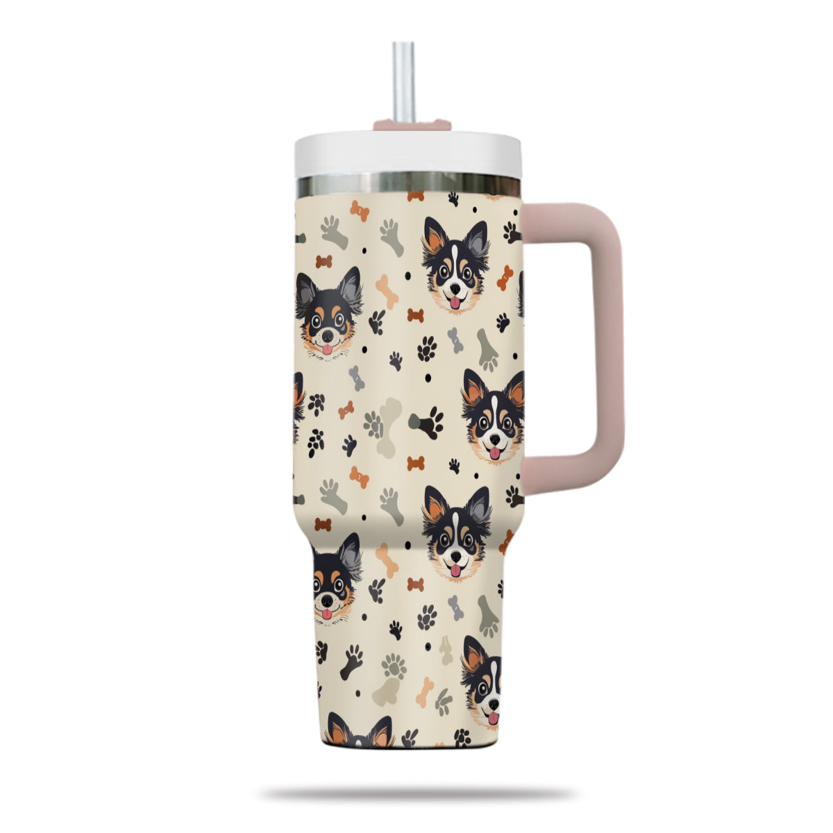 Cute Chihuahua Tumbler 40oz With Handle, Chihuahua Pattern 40oz Tumbler, Dog Paw Photo Tumbler with Straw, Dog Lover Tumbler, Stainless Steel Tumbler, Insulated Tumbler