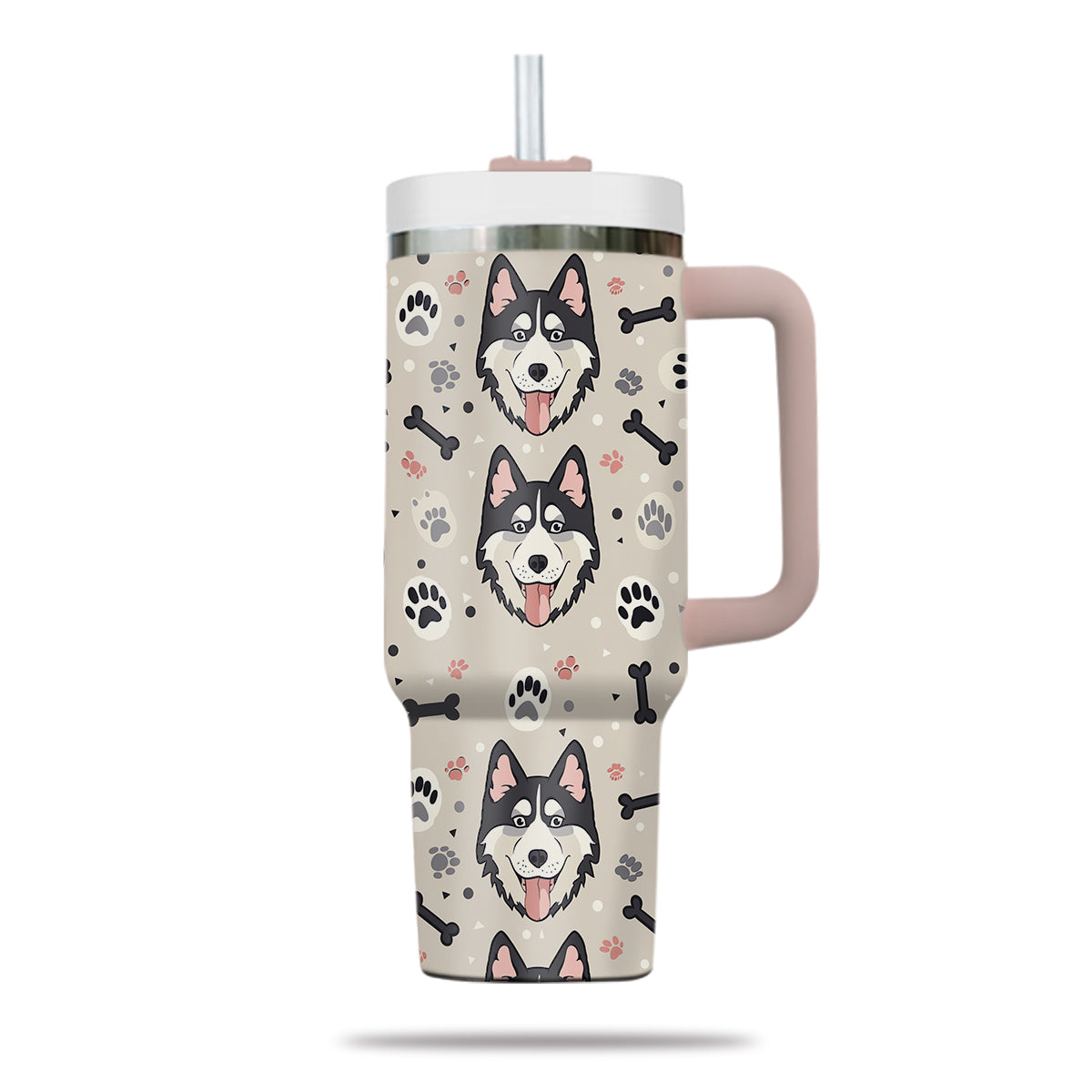 Cute Siberian Husky Tumbler 40oz With Handle, Siberian Husky Pattern 40oz Tumbler, Dog Paw Photo Tumbler with Straw, Dog Lover Tumbler, Stainless Steel Tumbler, Insulated Tumbler 02