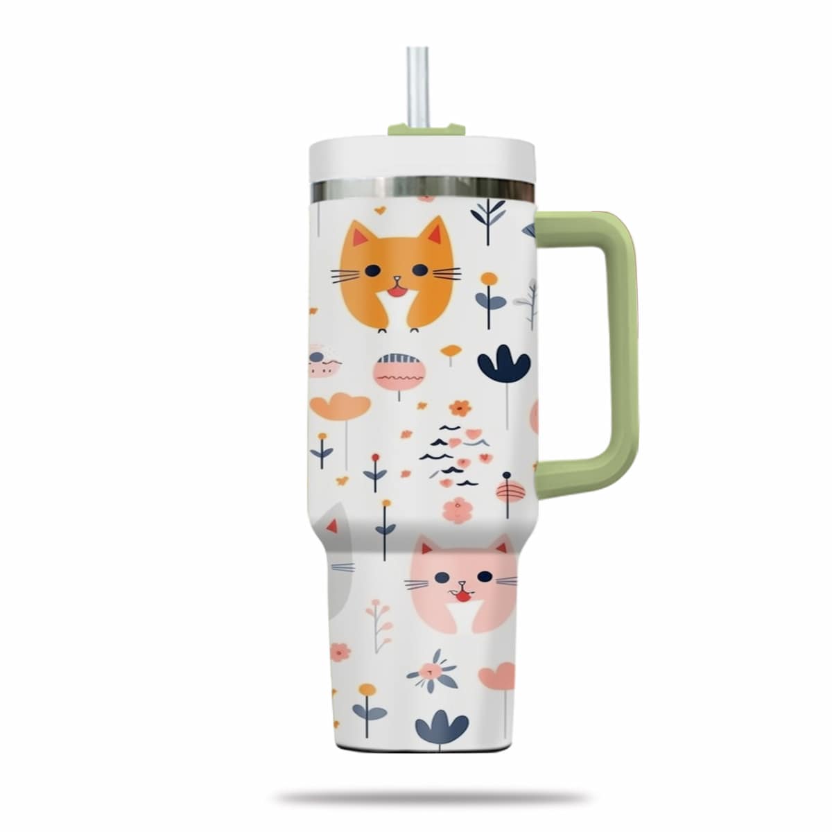 Cute Cat Tumbler 40oz With Handle, Cat Pattern 40oz Tumbler, Cat Lover Tumbler 40oz, Stainless Steel Tumbler, Insulated Tumbler 05