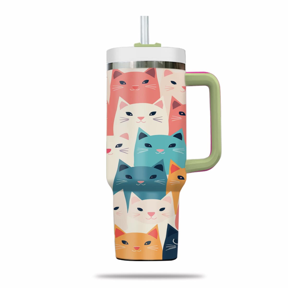 Cute Cat Tumbler 40oz With Handle, Cat Pattern 40oz Tumbler, Cat Lover Tumbler 40oz, Stainless Steel Tumbler, Insulated Tumbler 10