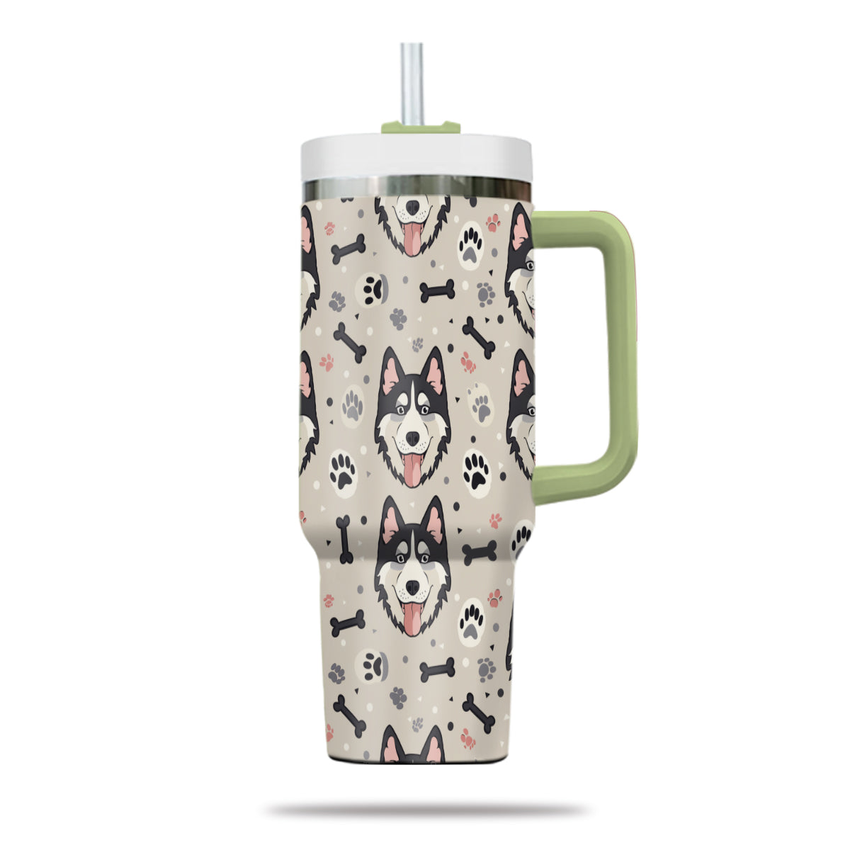 Cute Siberian Husky Tumbler 40oz With Handle, Siberian Husky Pattern 40oz Tumbler, Dog Paw Photo Tumbler with Straw, Dog Lover Tumbler, Stainless Steel Tumbler, Insulated Tumbler 02