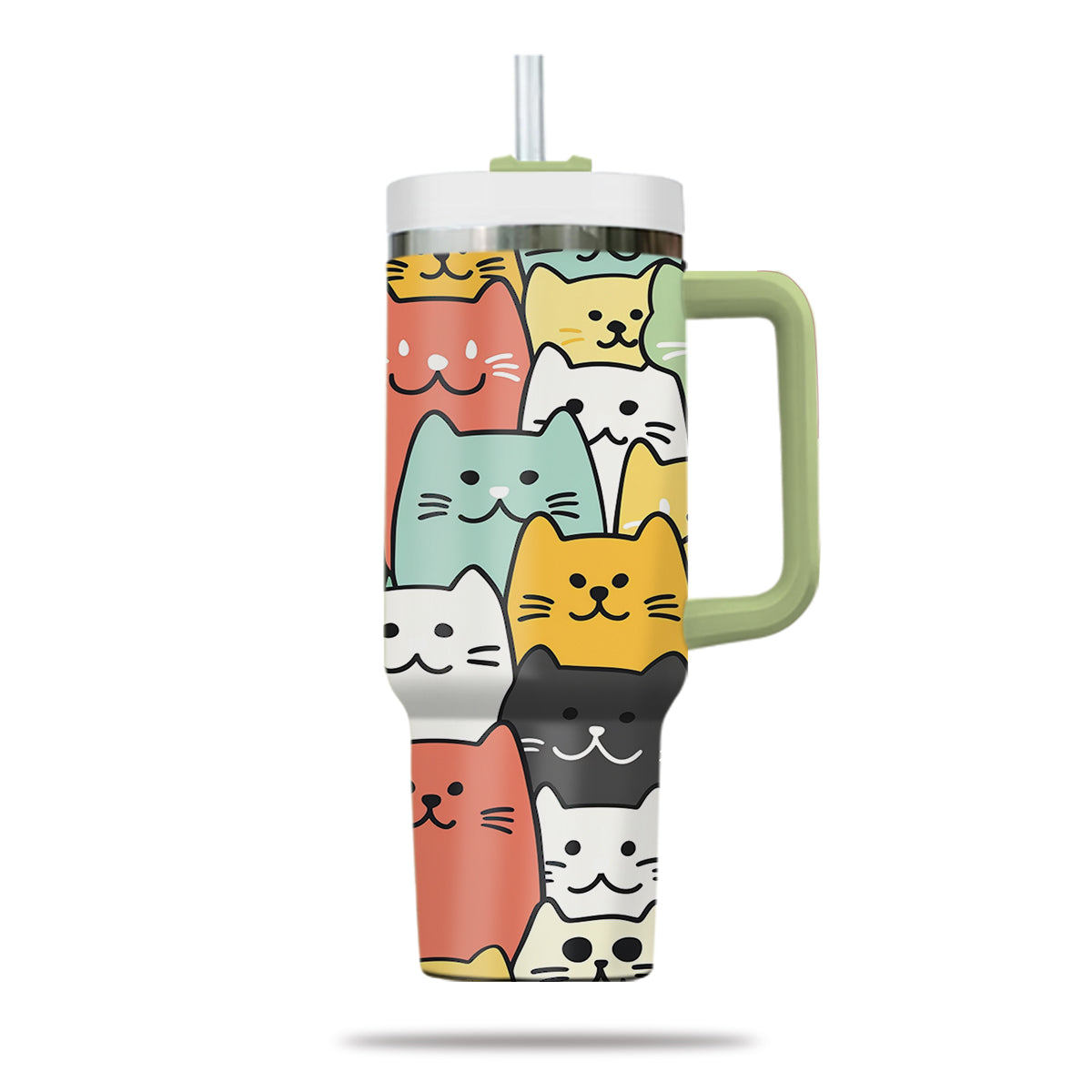 Cute Cat Tumbler 40oz With Handle, Cat Pattern 40oz Tumbler, Cat Lover Tumbler 40oz, Stainless Steel Tumbler, Insulated Tumbler 26