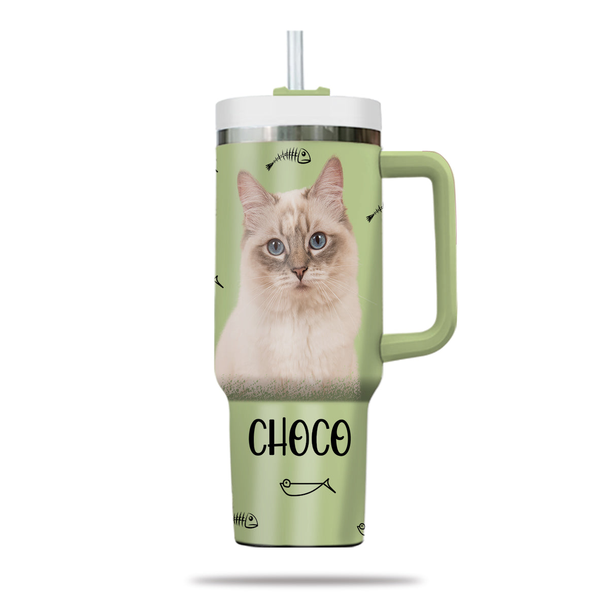 Custom Pet Photo Tumbler 40oz With Handle, Watercolor Pet Portrait From Photo Tumbler,  Personalized Cat Face Photo Tumbler with Straw, Cat Lover Tumbler, Stainless Steel Tumbler, Insulated Tumbler 16