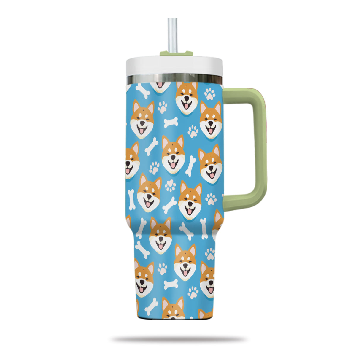 Cute Shiba Tumbler 40oz With Handle, Shiba Pattern 40oz Tumbler, Dog Paw Photo Tumbler with Straw, Dog Lover Tumbler, Stainless Steel Tumbler, Insulated Tumbler 01