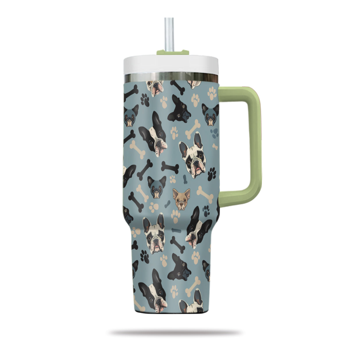 Cute French Bulldog Tumbler 40oz With Handle, French Bulldog Pattern 40oz Tumbler, Dog Paw Photo Tumbler with Straw, Dog Lover Tumbler, Stainless Steel Tumbler, Insulated Tumbler 02