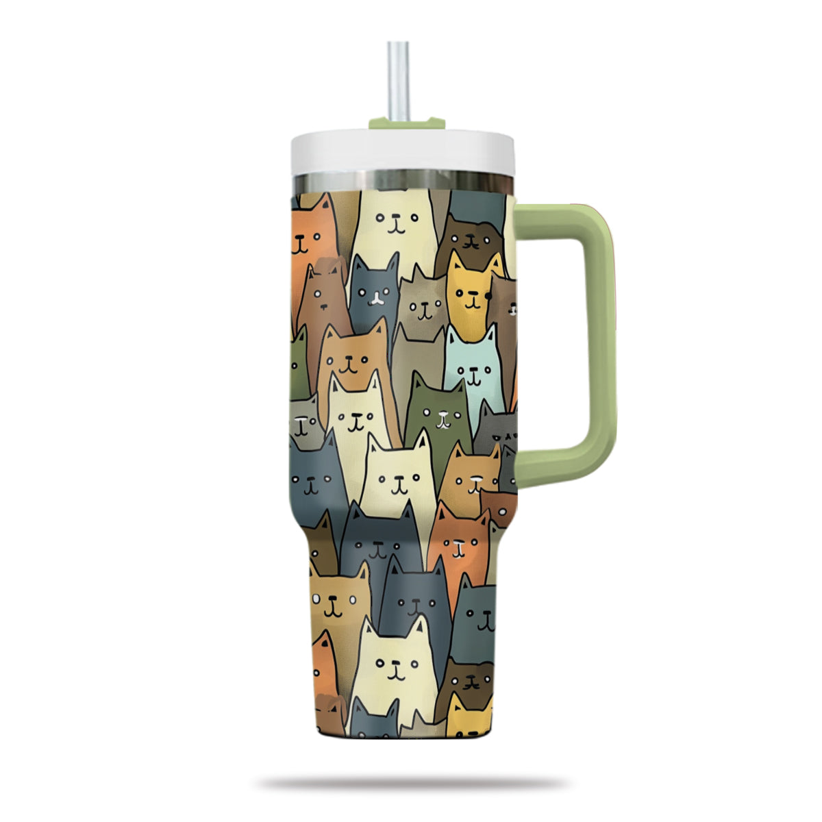 Cute Cat Tumbler 40oz With Handle, Cat Pattern 40oz Tumbler, Cat Lover Tumbler 40oz, Stainless Steel Tumbler, Insulated Tumbler 20